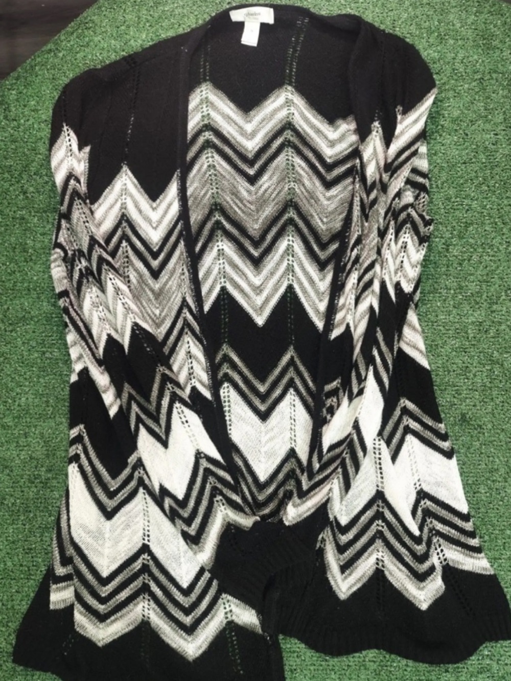CJ Banks Black & White Chevron Open-Front Cardigan